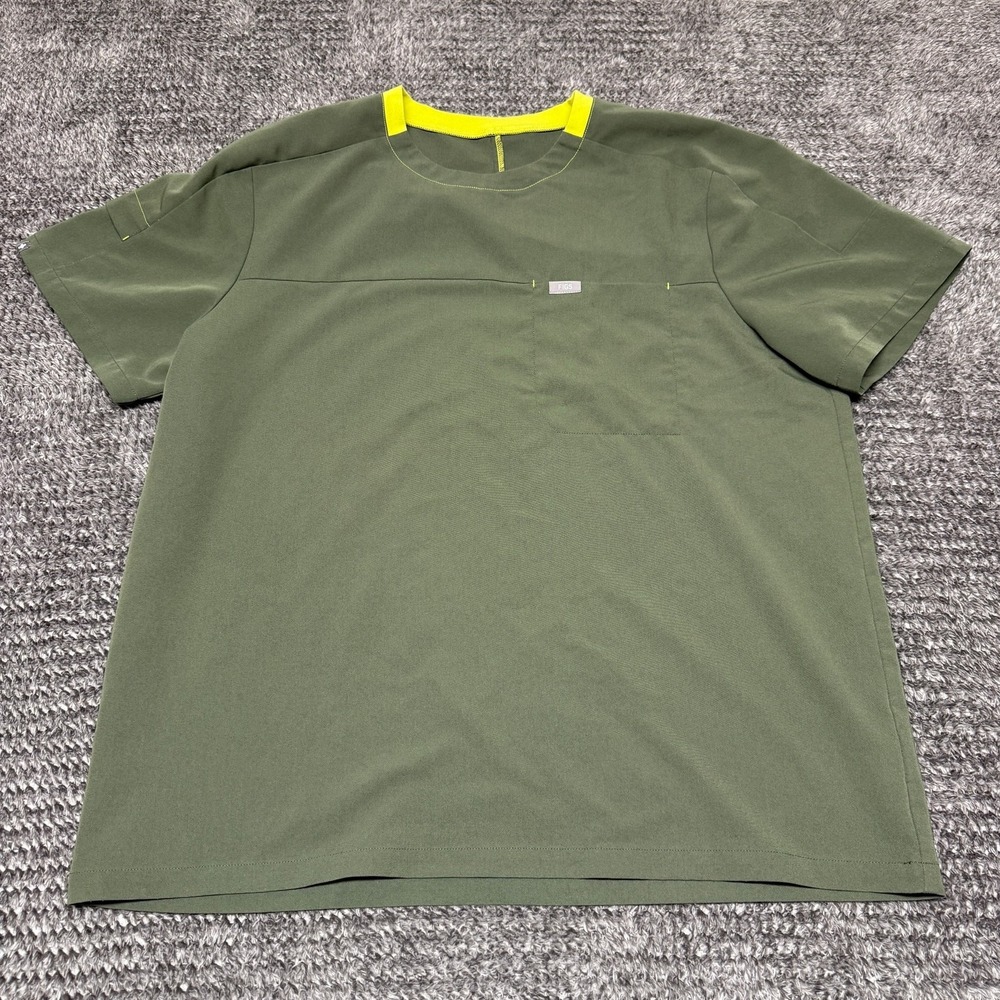 FIGS Technical Collection Scrub Top XL Olive Green Yellow Short Sleeve Pocket